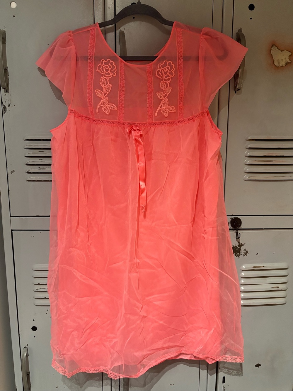 Vintage Coral Pink Sheer Embroidered Chemise